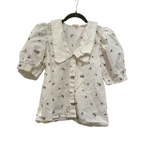 K1. Levi’s Royce Embroidered Floral White Large Collar Puff Sleeve Top Blouse - Picture 4 of 10
